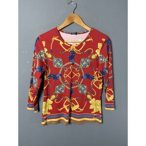 J. MCLAUGHLIN Womens M Catalina Cloth Top Shirt Red Neo Sable Equestrian Print
